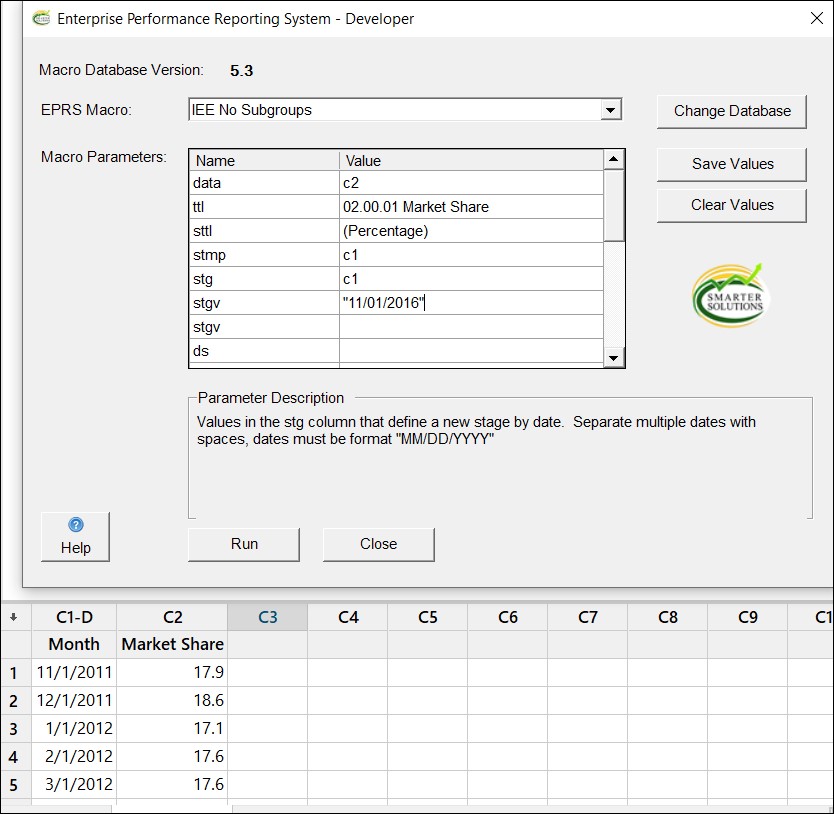  EPRS individual values input screen shot for performance metrics software report-out creation